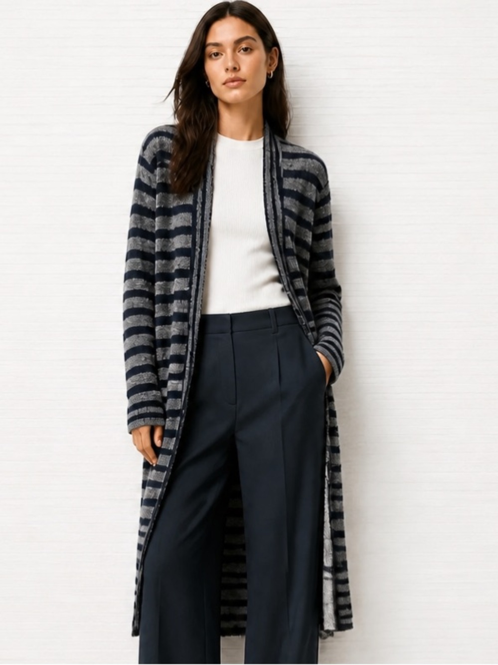 FREE PEOPLE Cardigan Sweater Forget Me Not Striped Boho Duster Midi Navy Blue